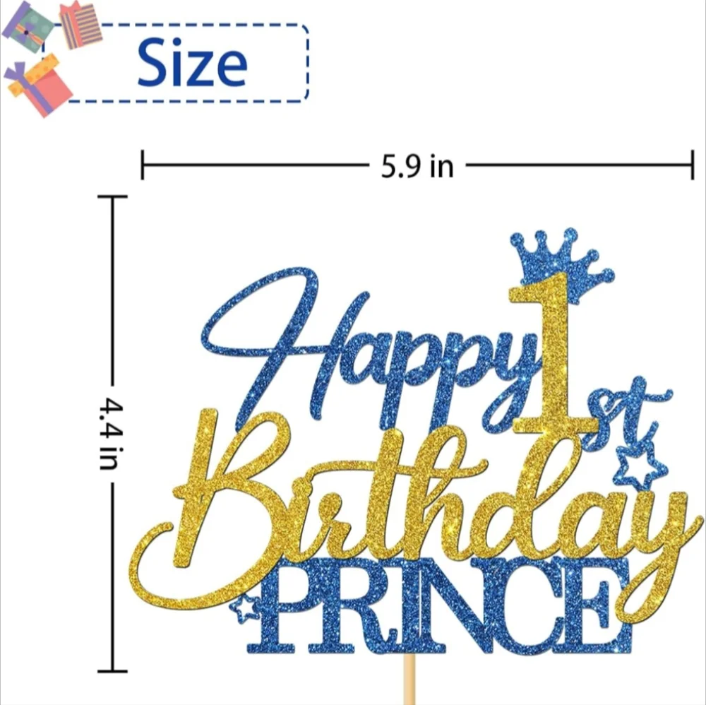 Prince 1st Birthday Cake Topper - Blue/Gold